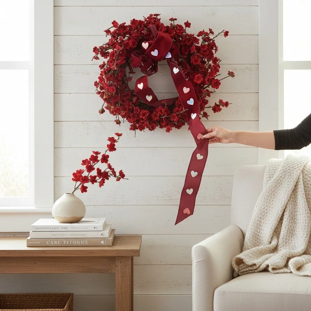Floral Wreath Unisex 14in Red Very Good Velvet Ribbon Heart Accents